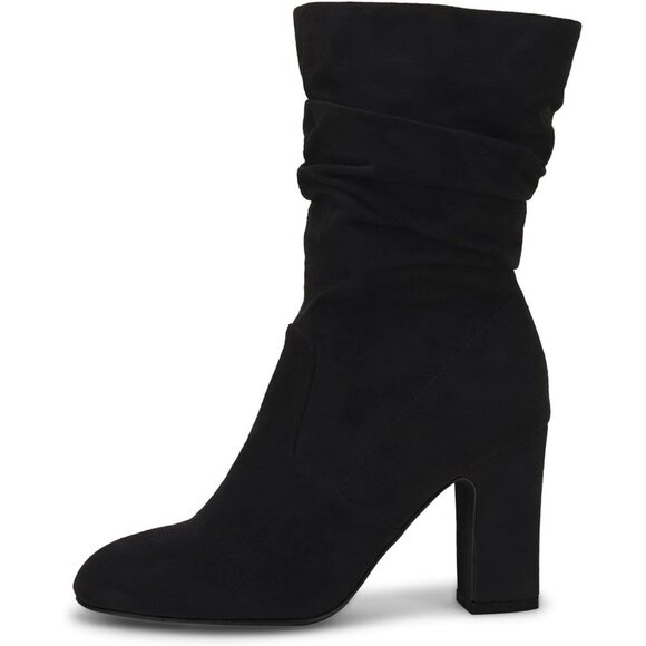 Women's Black Microfiber Mid Calf High Chunky Heel Block Rounded Toe Booties - Picture 4 of 6